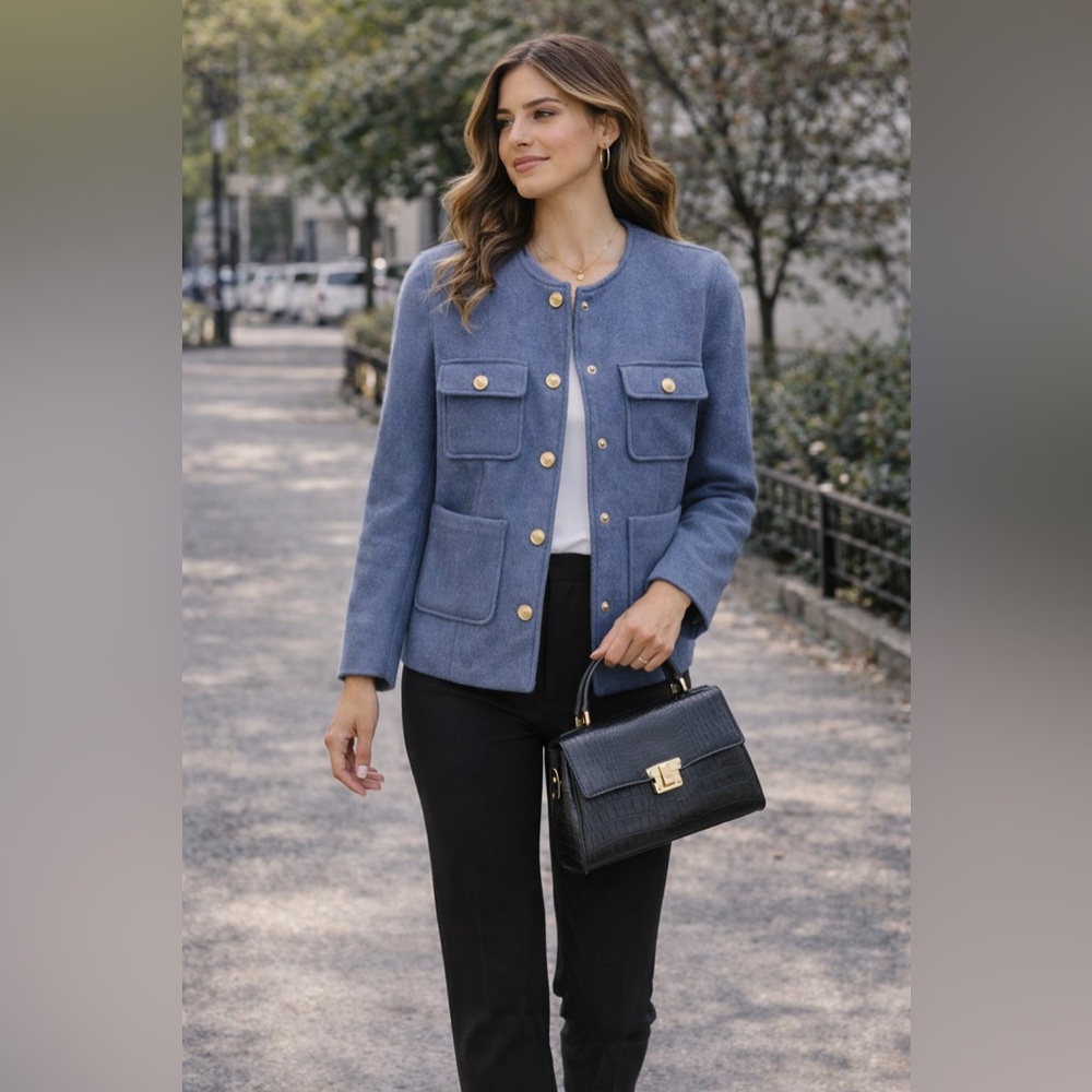 Rachel Zoe Blue Bouclé Military Jacket Gold Buttons Women’s Small